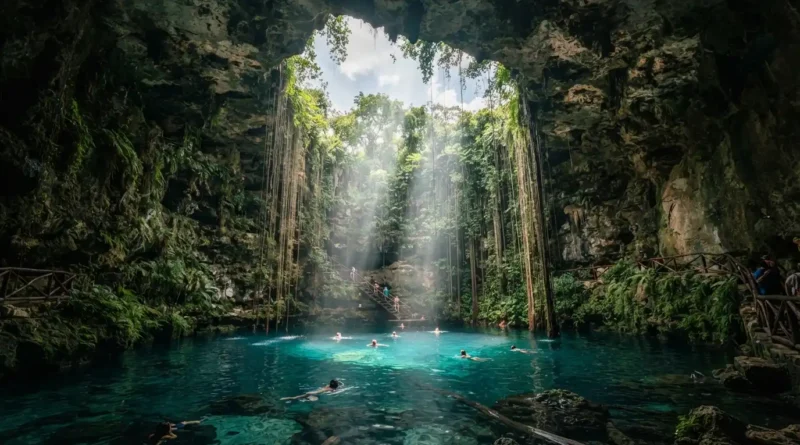 Cancun day trips guide showing Chichen Itza pyramid and Isla Mujeres beach