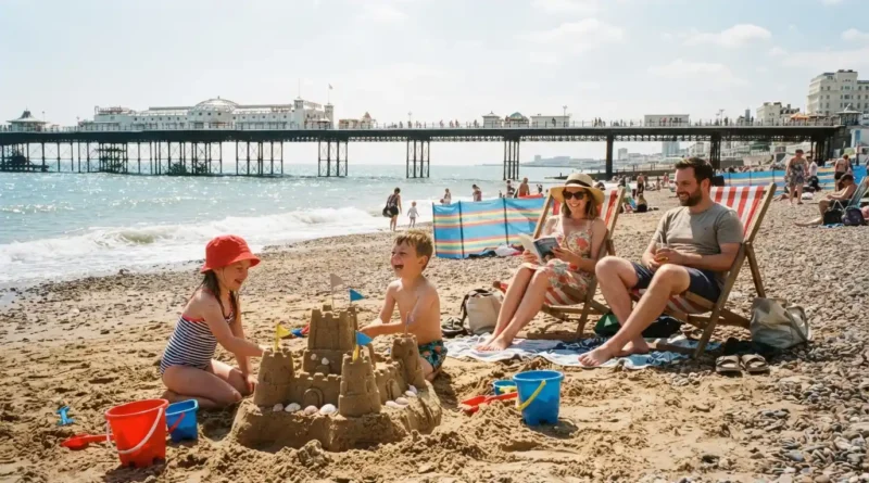 Kids UK holidays family playing on beach with toddler and holiday park cabin