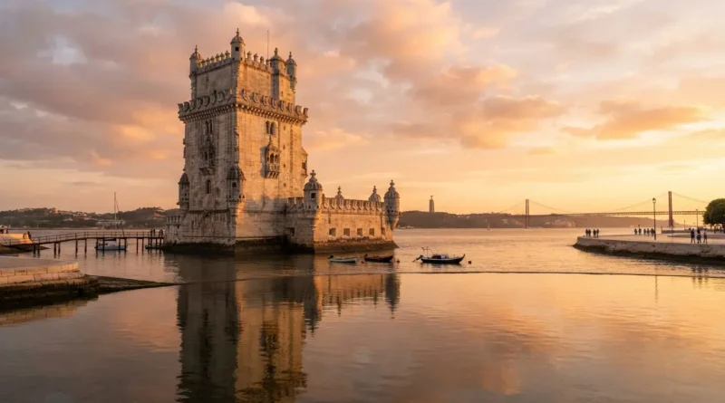 Lisbon must do guide showing Tram 28 in Alfama and Belem Tower at sunset
