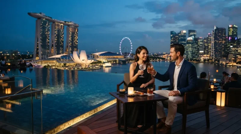 Singapore skyline at dusk showing Marina Bay Sands and Supertree Grove, a top luxury thing to do in Singapore for skyline views