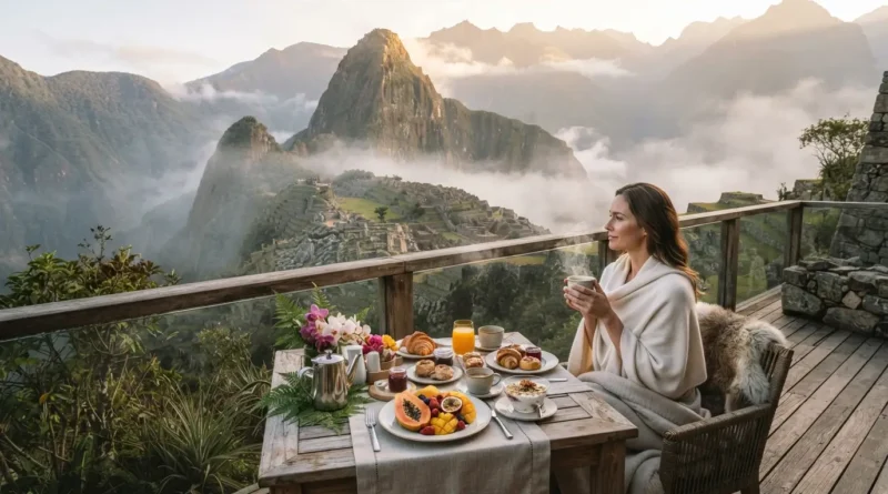 Aerial view of Machu Picchu citadel ruins in the Peruvian Andes, showcasing a luxury travel Machu Picchu tour with Huayna Picchu in the background
