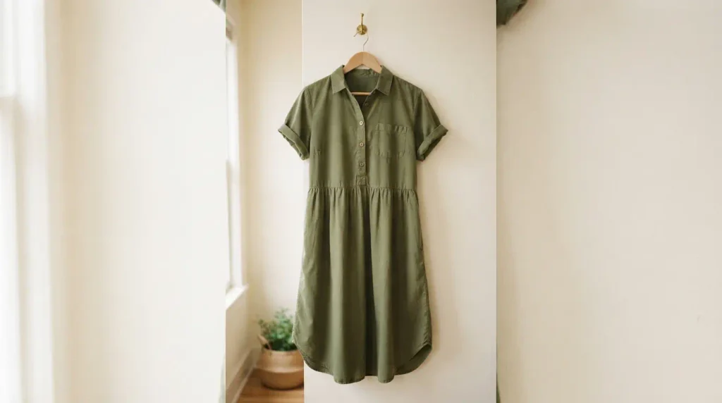 Olive green organic cotton amour vert dress on a wooden hanger