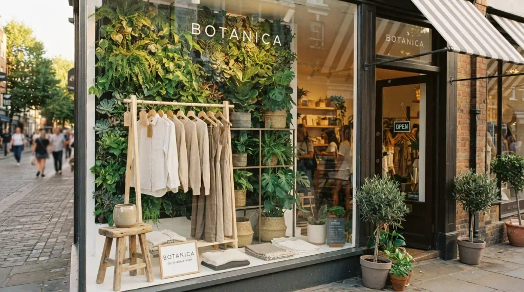 Amour Vert boutique storefront with living plant wall in San Francisco style neighborhood