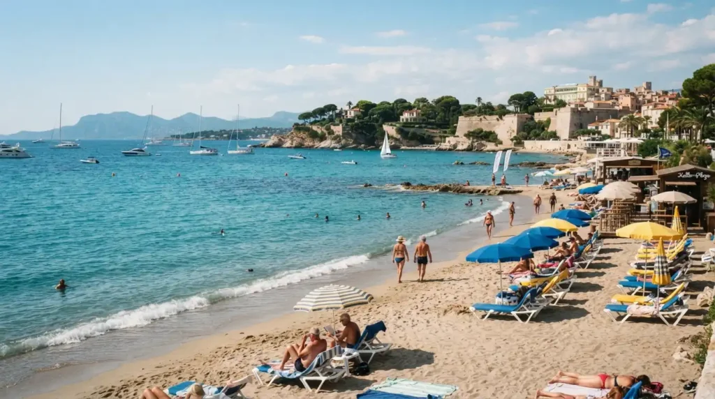 Pebble beach south France French Riviera coastline with turquoise Mediterranean water near Villefranche-sur-Mer