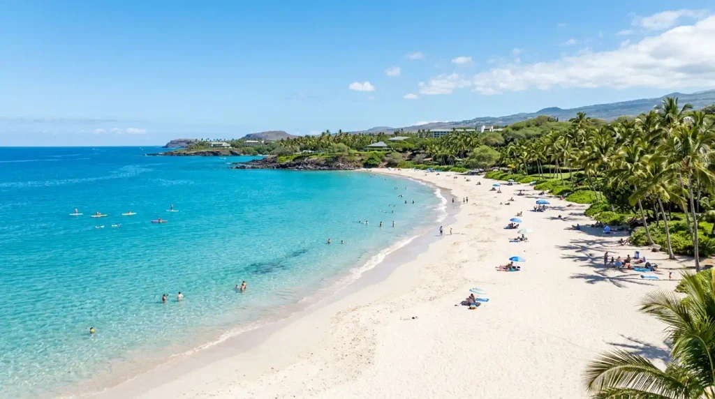 Hapuna Beach State Park white sand shoreline, the best beach on the Big Island for swimming