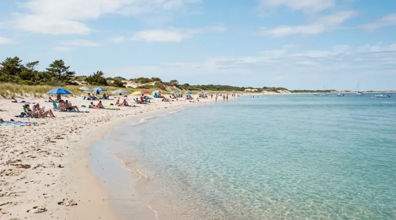 Wide sandy shoreline at one of the best beaches on Cape Cod with dunes and Atlantic Ocean waves