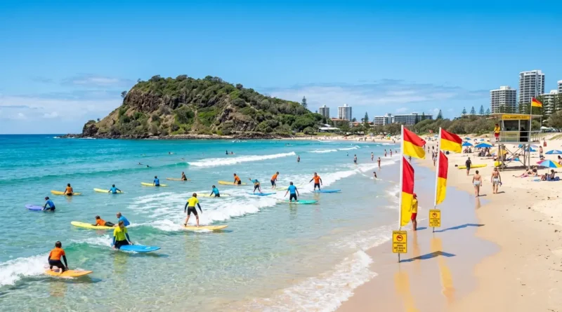 Golden sand and clear turquoise water at one of the best beaches on the Gold Coast with surfers in the lineup
