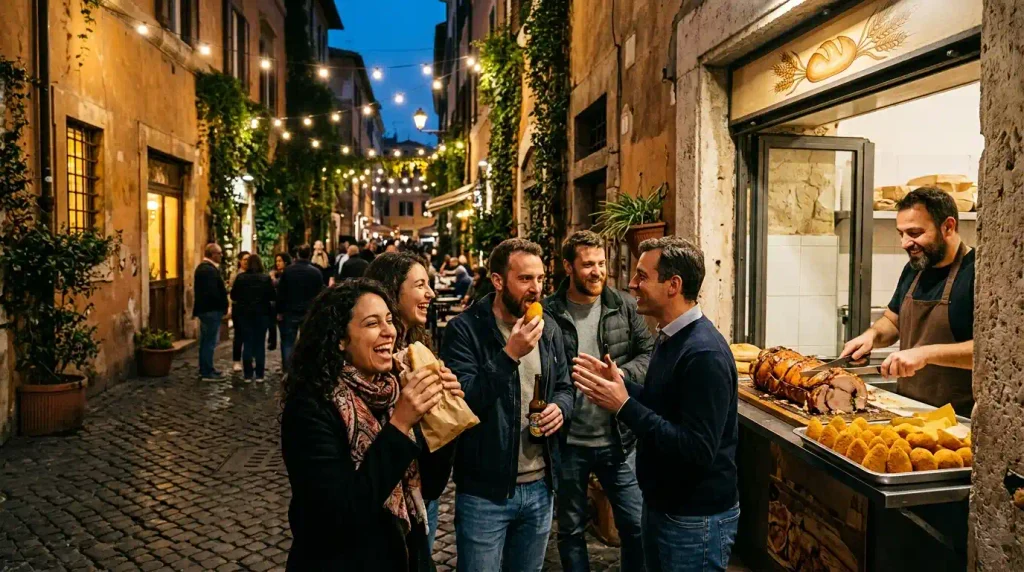 Trastevere twilight food tour in Rome with a small group tasting porchetta and arancini, one of the best guided tours in Rome