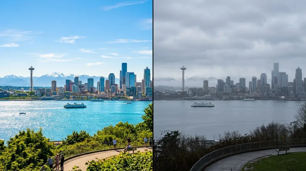 Seattle skyline comparison in summer sun versus winter rain for best time to visit