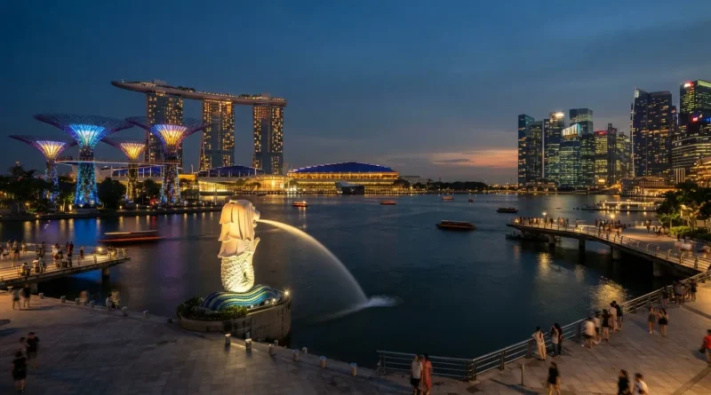tourist in Singapore standing near Marina Bay Sands skyline at sunset