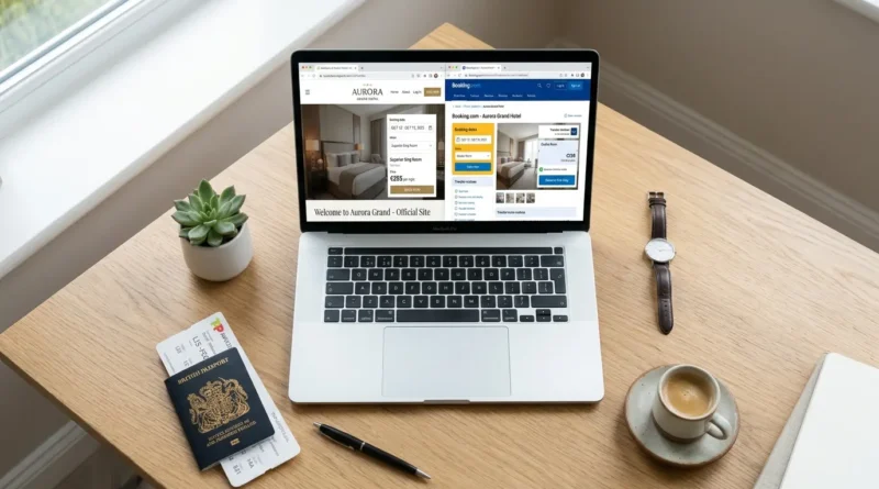 Comparing direct hotel booking versus third-party travel platform on a laptop screen