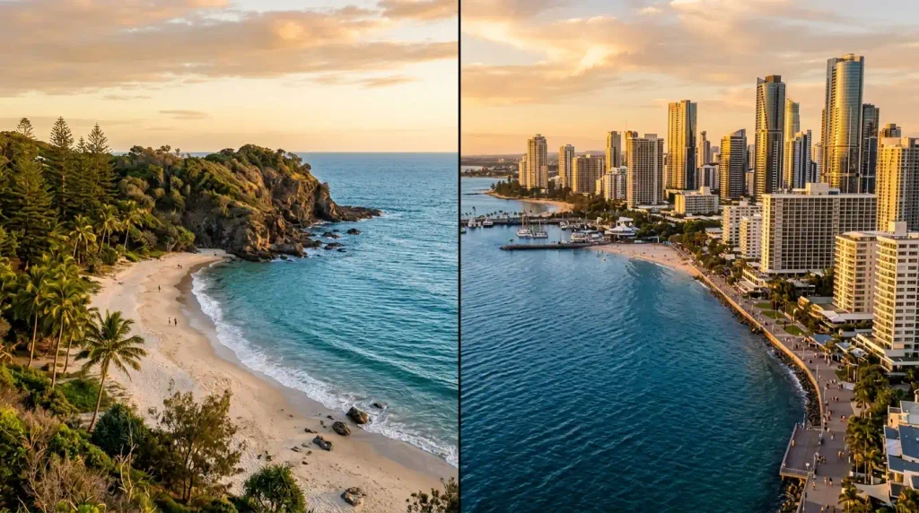 Contrast between a quiet headland beach and the high-rise skyline of a busy Gold Coast beach