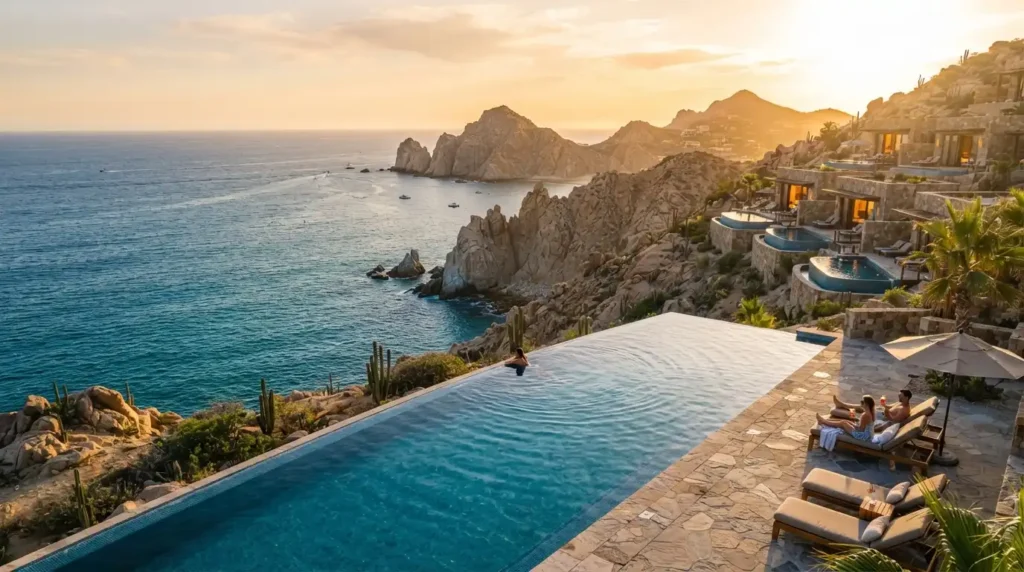 Cliffside luxury hotel infinity pool in Cabo San Lucas overlooking Sea of Cortez