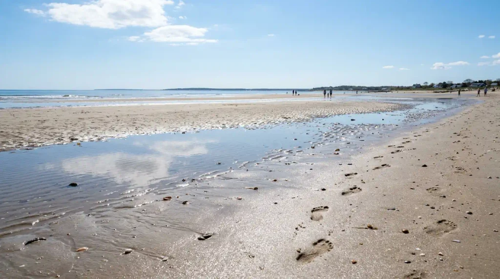 Shallow tidal flats at low tide on a family friendly beach on Cape Cod