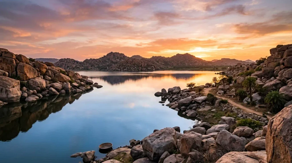 Sanapur Lake near Anegundi village, a peaceful stop on a Hampi itinerary