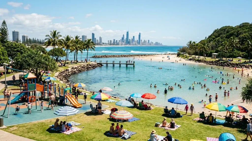 Calm family friendly swimming enclosure at a Gold Coast beach with a nearby playground
