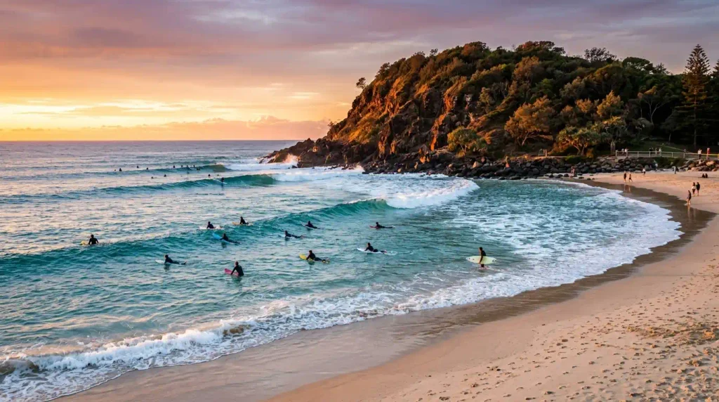 Surfers paddling out at a point break beach on the Gold Coast during golden hour