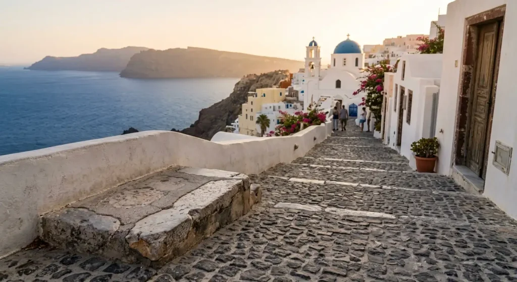 Greece must see Santorini sunset view and Meteora monastery on rock pinnacle