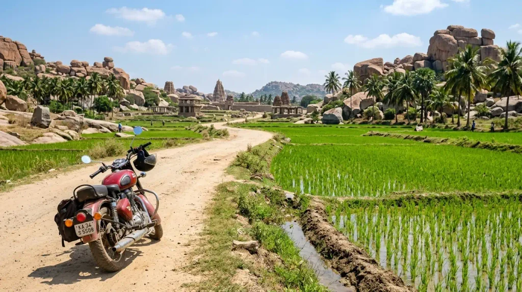 Bike rental route through Hampi's boulder landscape near Virupapur Gaddi
