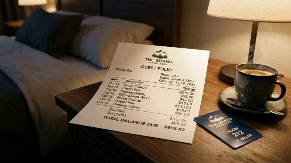 Itemized hotel bill showing resort fees and parking charges on a nightstand