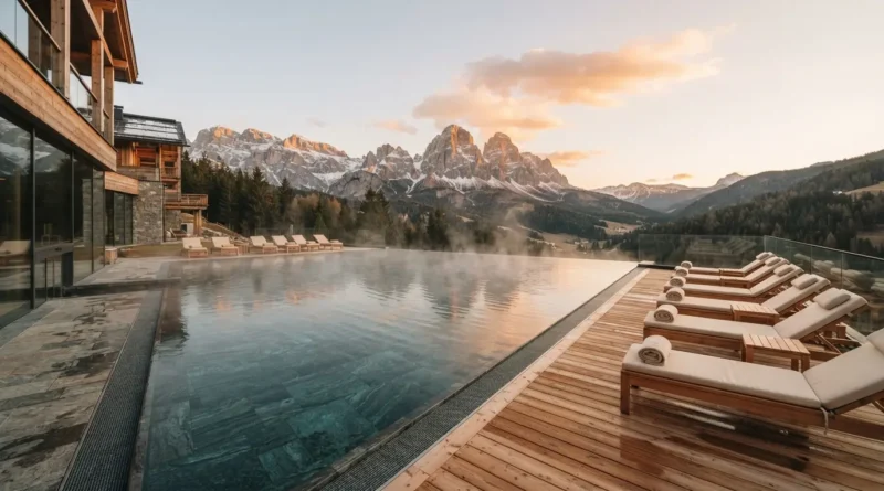 Luxury spa hotel infinity pool overlooking Tyrol Austria mountains