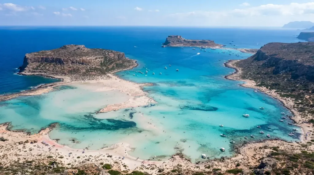 Best places to visit in Crete: aerial view of Balos Lagoon pink sand and turquoise water