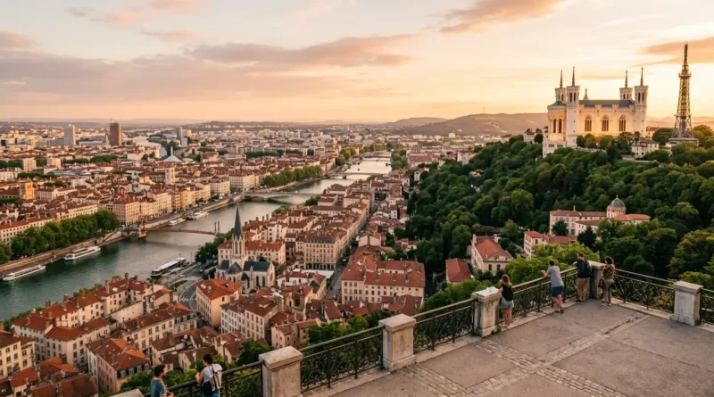 Lyon must see attractions: view of Fourvière Basilica and Vieux Lyon rooftops from across the Saône River
