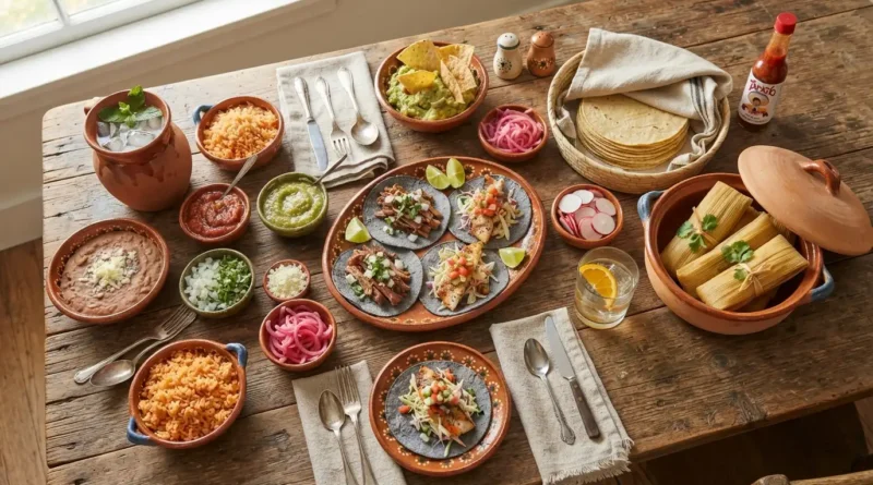 Traditional Mexican foods that start with T including tacos and tamales on wooden table