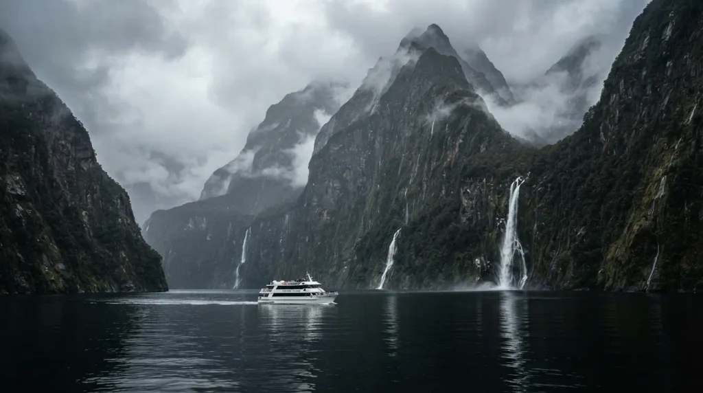 Cruise boat in Milford Sound fjord surrounded by cliffs and waterfalls in Fiordland National Park