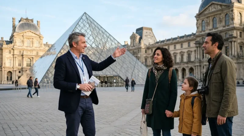 Private tour guide explaining the Louvre Museum pyramid to a family in Paris