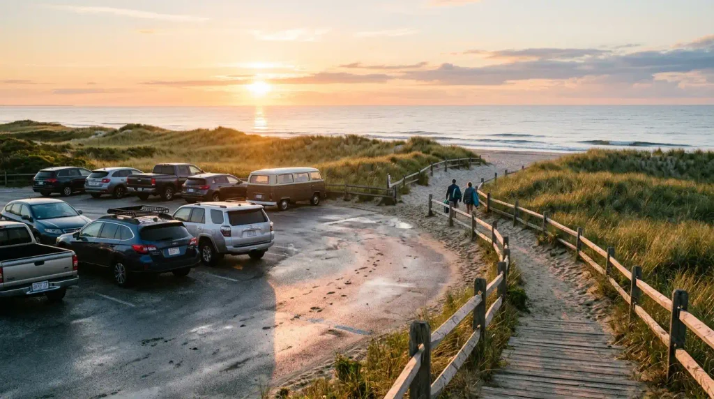 Early morning parking lot at a popular Cape Cod beach before the summer crowds arrive