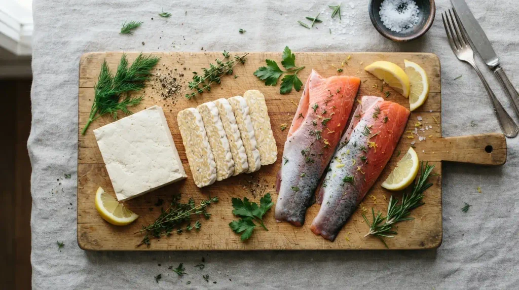 Tofu, tempeh, and trout, protein rich foods that start with T