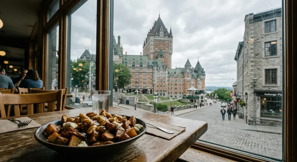 Restaurants in Quebec City poutine and Château Frontenac view
