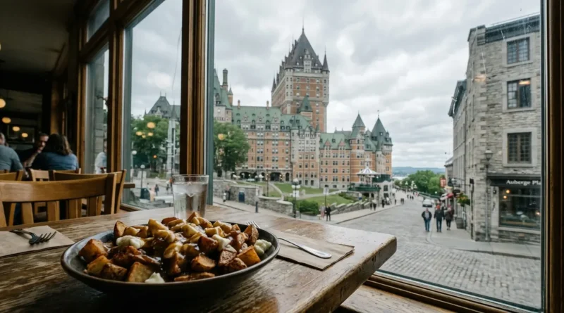 Restaurants in Quebec City poutine and Château Frontenac view