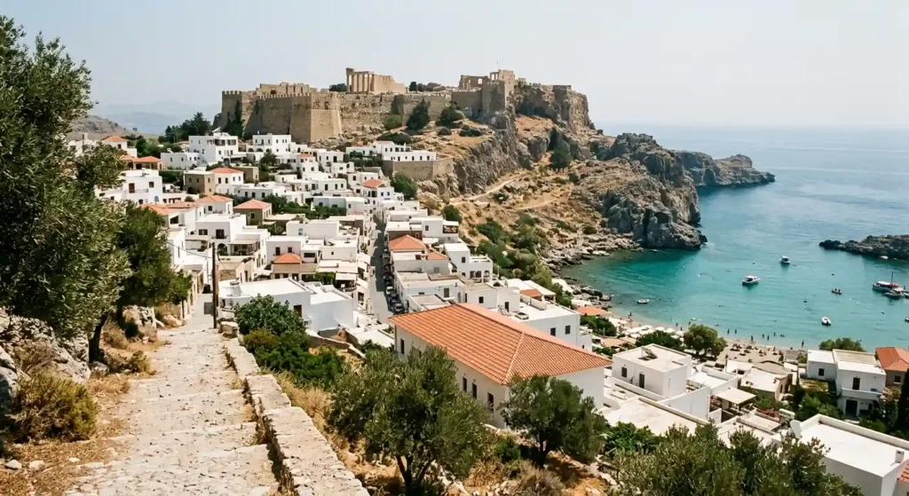 Rhodes must see Lindos village and Acropolis hillside view