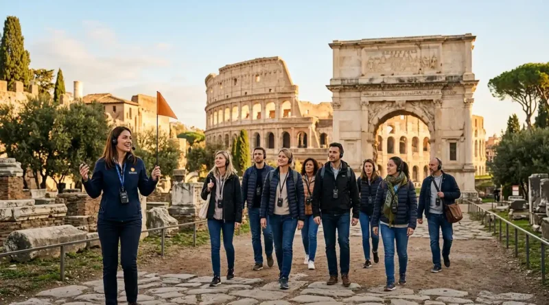 small group with a licensed guide and headsets inside the Roman Forum with the Colosseum in the background