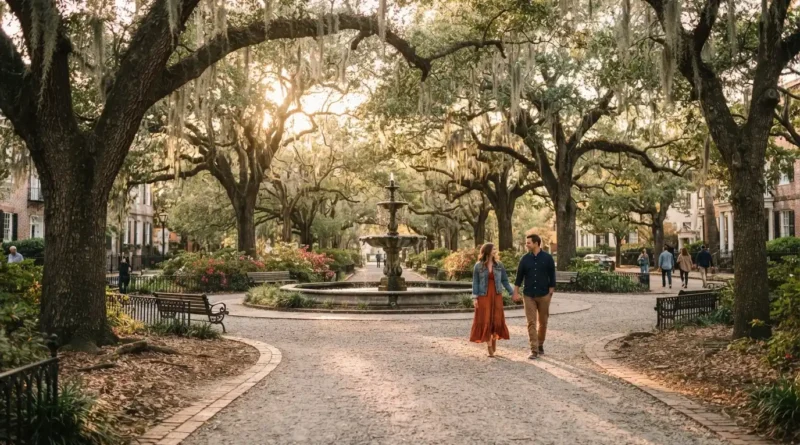 Savannah Georgia must see historic square with Spanish moss oak trees