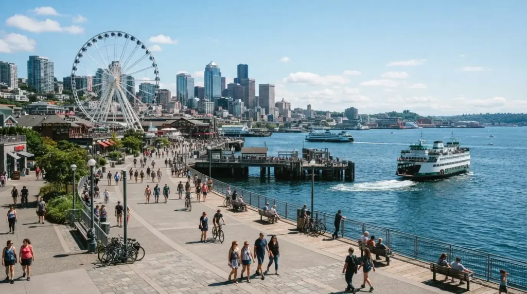 Seattle waterfront Great Wheel and pier attractions downtown Seattle