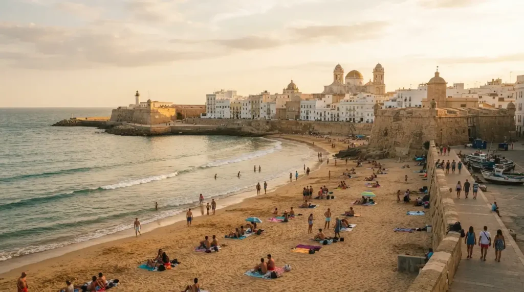 Playa de la Caleta beach and fortress in Cádiz, the best coastal day trip from Seville by train