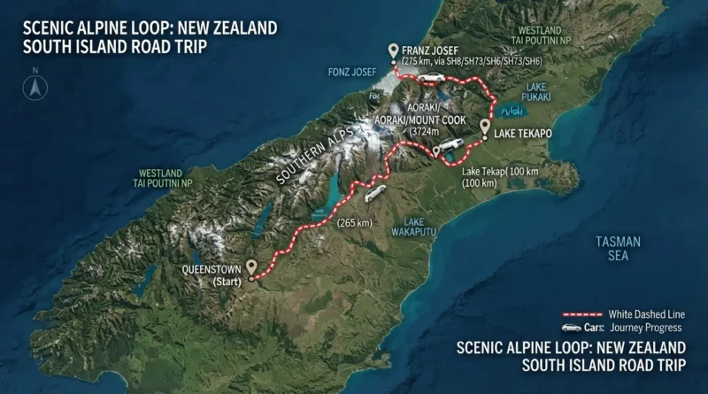 South Island New Zealand itinerary route map showing Queenstown, Mount Cook and Franz Josef Glacier