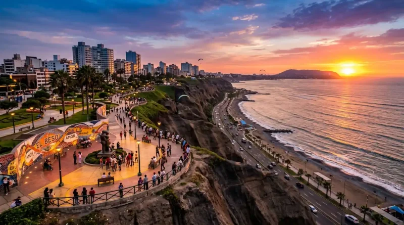 Sunset over the Malecón cliffs in Miraflores, one of the top Lima Peru attractions, with the Pacific Ocean and Love Park in view