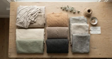 Sustainable fabric swatches used in Amour Vert clothing including TENCEL and organic cotton