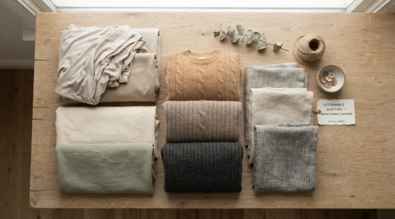 Sustainable fabric swatches used in Amour Vert clothing including TENCEL and organic cotton