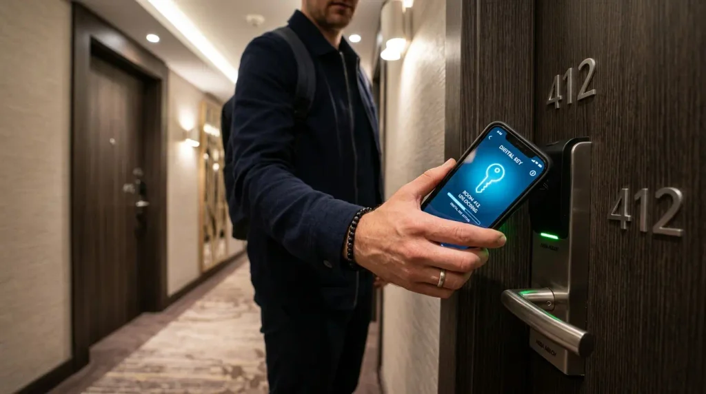 Mobile check-in apps and digital room keys have become standard at most major chains, letting travelers skip the front desk entirely and head straight to the room