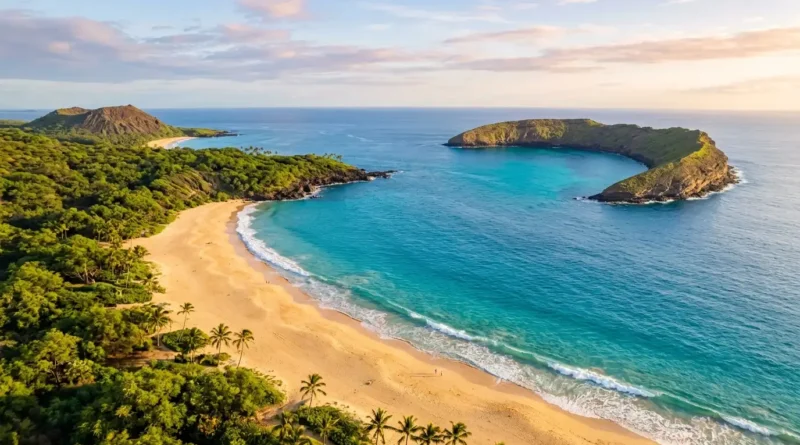 Aerial view of Big Beach Oneloa at Makena State Park, one of the best beaches in Maui, with Molokini Crater in the background