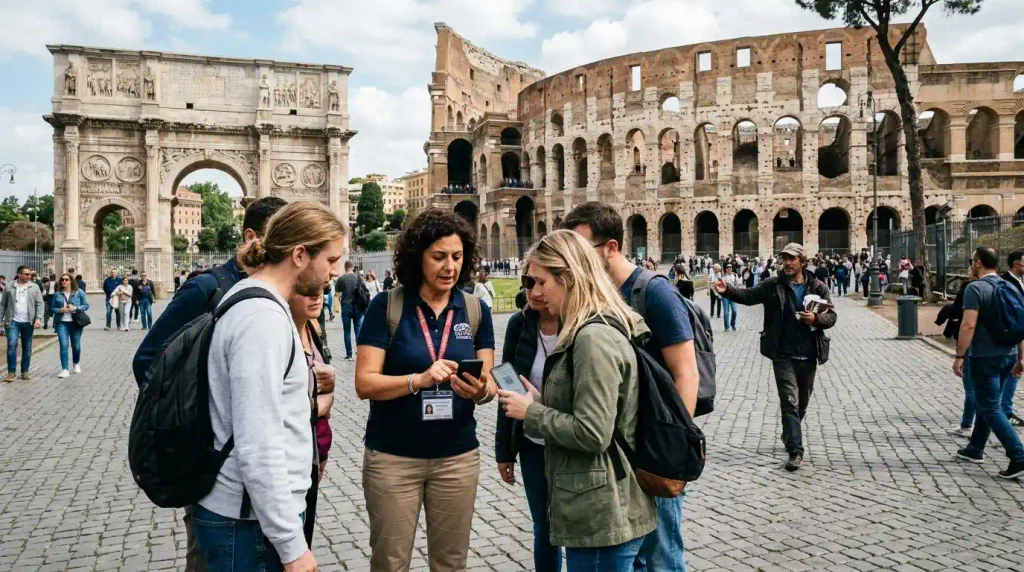 Licensed tour guide in Rome checking a booking voucher for a small group near the Arch of Constantine and Colosseum