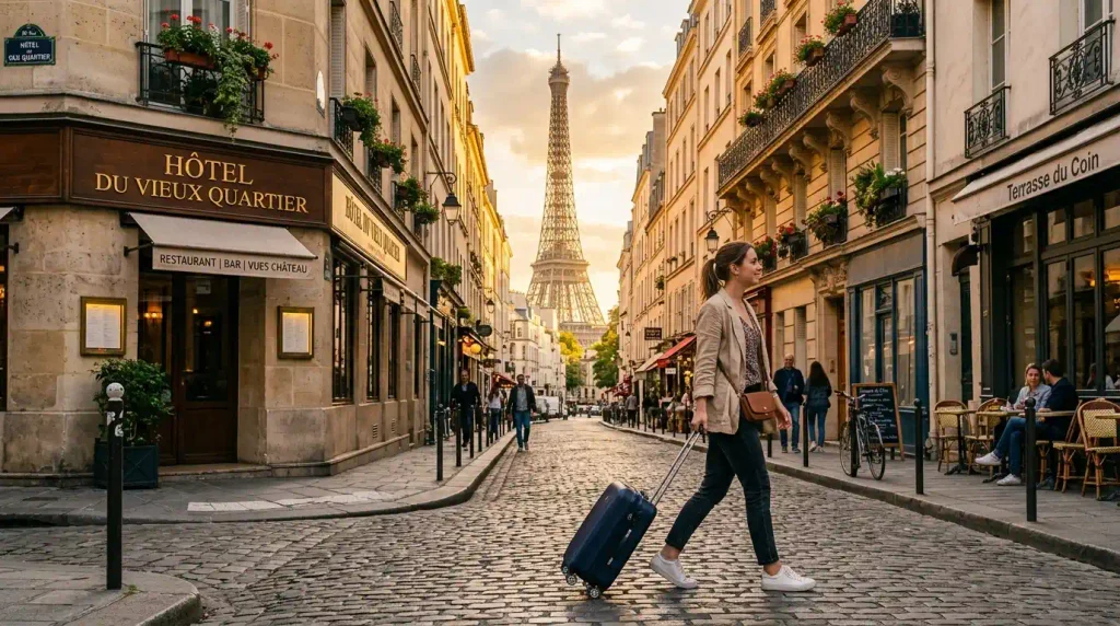 Traveler walking toward a boutique hotel near a city landmark with luggage