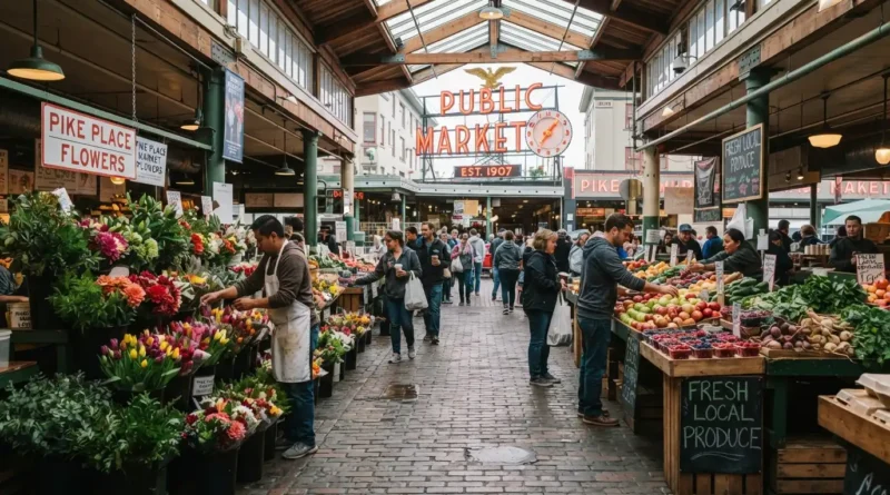 Pike Place Market vendors and produce stalls in downtown Seattle