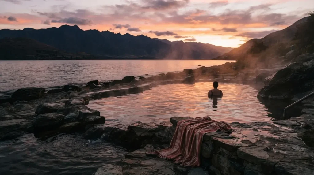 Rotorua must do Wai Ariki hot spring sunset lake view