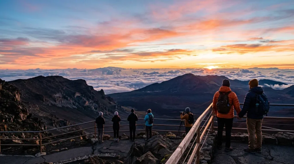 Sunrise above the clouds at Haleakala summit on Maui, a sight that needs a reservation for Hawaii vacation planning